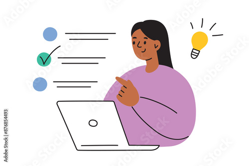 Vector illustration of a girl student taking a test on a laptop. Flat cartoon style. Online education and study, back to school. Digital exam setting in a school or university. Remote learning