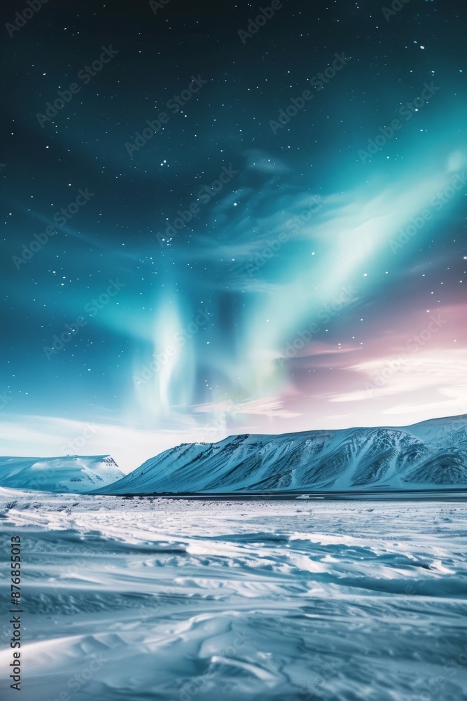 Fototapeta premium Electric blue and magenta aurora borealis dancing over a snowy mountain range in the Arctic, Generative AI