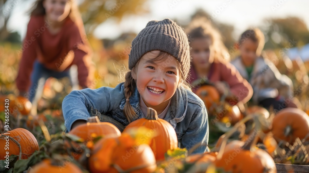 Fototapeta premium Children Picking Pumpkins in Autumn Field Happy Kids Enjoying Fall Harvest Activity