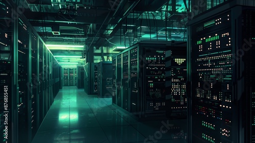 Server Room Interior - Green Lights and Dark Technology © Yellow Blossom
