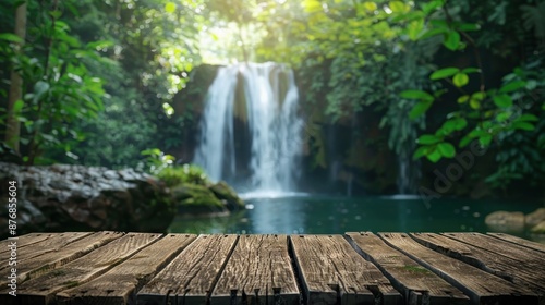 Wooden Plank Overlooking a Lush Waterfall