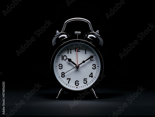 Artistic shot of an alarm clock with a dramatic shadow play, highlighting the intricate design and fine details. Copy space for text, focus cover all aspects, deep depth of field, no dust