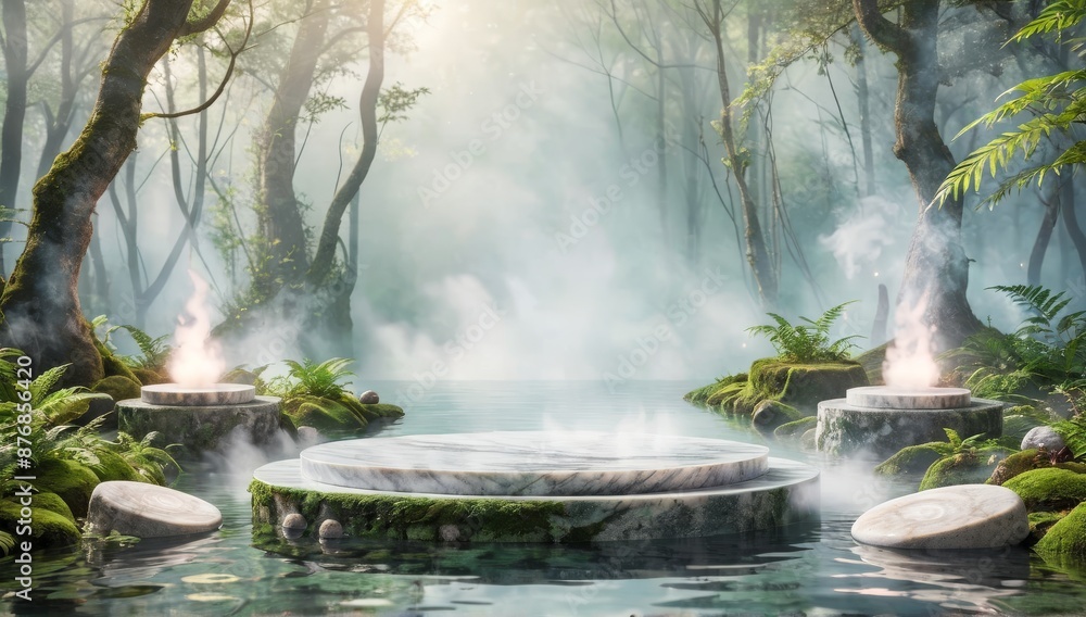 Empty product display marble podium on misty tropical forest background with river Empty product display marble podium on misty tropical forest background with river
