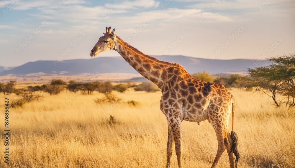 Obraz premium Elegance in the Breeze: Giraffe Standing Tall in Africa's Sprawling Savannas
