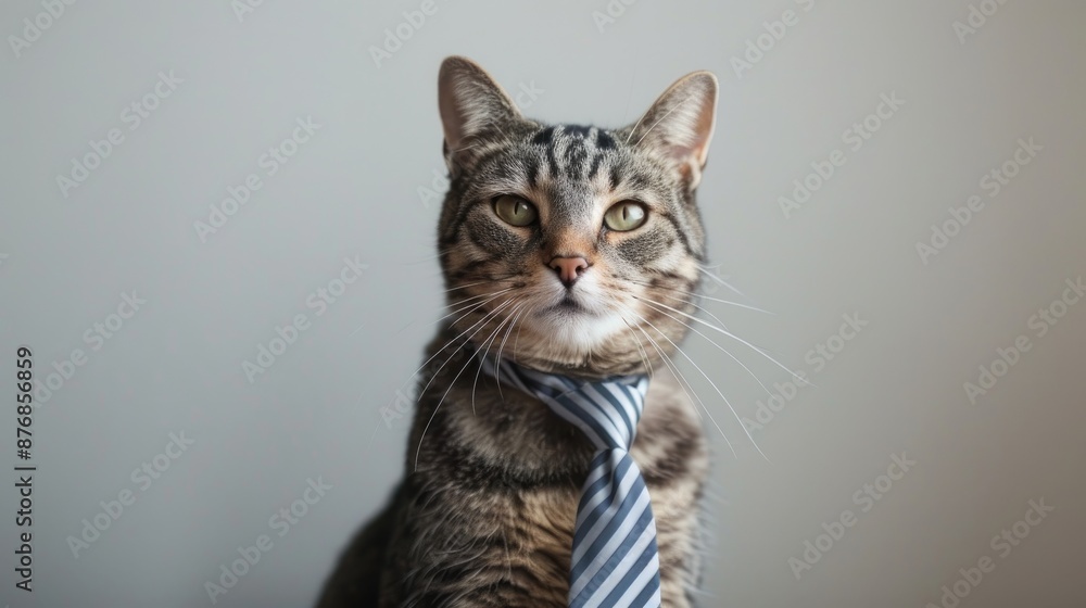 Exotic cat wearing striped tie in minimalistic setting