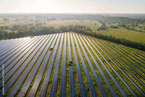 Aerial view of solar farm under sky