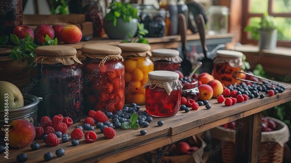 Assorted Homemade Fruit Preserves in Jars on Wooden Table, Fresh Berries and Peaches, Rustic Kitchen