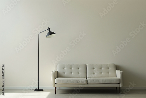 Photo of a minimalist interior, showcasing a clean off-white wall with a modern Vitra-style sofa placed in front. A minimalist floor lamp stands to the left of the sofa, creating a sleek and photo