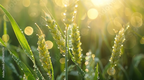 Wallpaper Mural Close-up view of glistening dewdrops on a young wheat field with warm, soft and hazy sunlight in the background creating a beautiful and peaceful atmosphere Torontodigital.ca