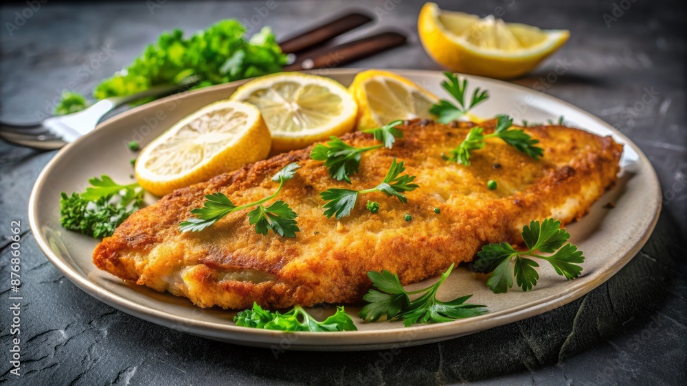 Crispy Fried Fish With Parsley And Lemon Wedges On A Plate. Crispy Fried Fish With Parsley And Lemon Wedges On A Plate.