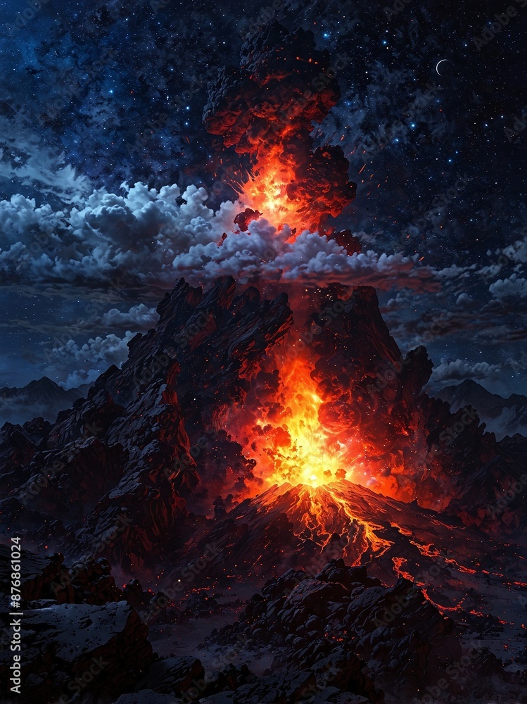 Volcanic Eruption Under a Starry Sky with Earth in the Background Volcanic Eruption Under a Starry Sky with Earth in the Background