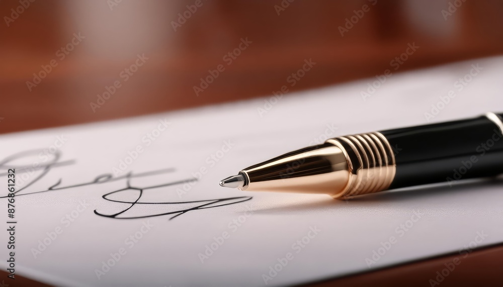 Fototapeta premium Closeup of a Fountain Pen - Ink Pen for Writing - Signing with Elegant pen and Cursive - Written Signature on a Agreement, Document or Contract - Premium Luxury Gold and Silver Pen for Business