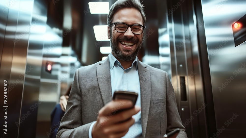 Naklejka premium Smiling businessman in a suit using a smartphone inside a modern elevator with metallic walls and bright lighting.