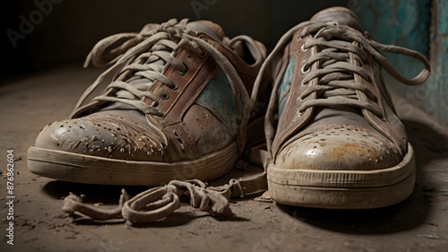 Old sneakers on ground, time passing, experience, life's path photo