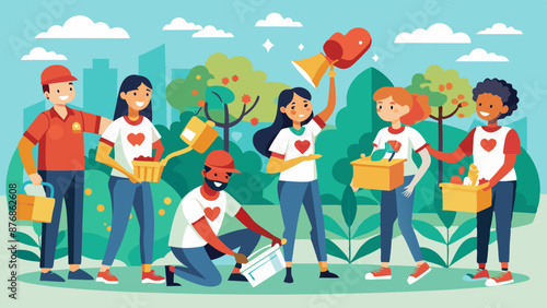 volunteer today, group of cartoon people, including children and adults, having fun and working together