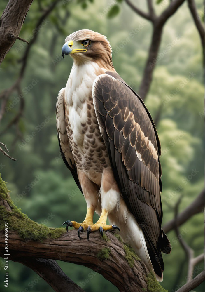 A majestic booted eagle perches on a gnarled tree branch,its sharp talons gripping firmly.The bird's plumage is a mix of brown and white, with striking yellow eyes and a powerful beak.Blur background. A majestic booted eagle perches on a gnarled tree branch,its sharp talons gripping firmly.The bird's plumage is a mix of brown and white, with striking yellow eyes and a powerful beak.Blur background.