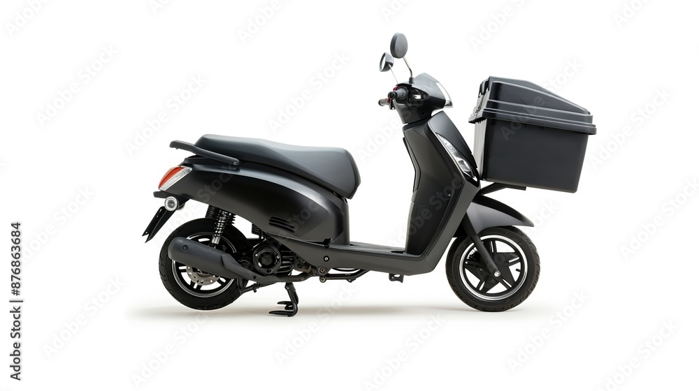 Fototapeta premium Black automatic scooter with a box on the back isolated on white background