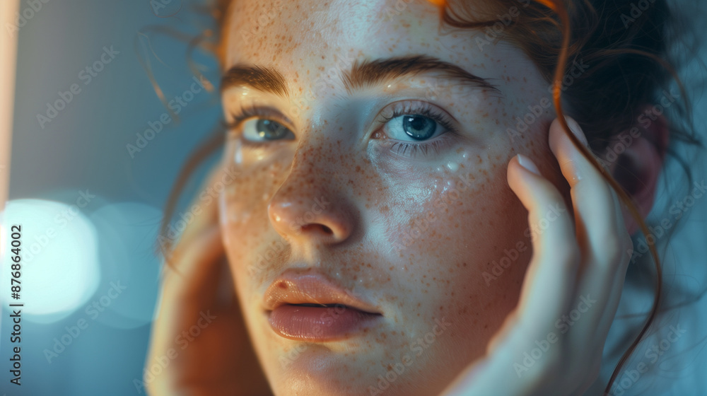 Close-up portrait of a woman with freckles and blue eyes touching her face Close-up portrait of a woman with freckles and blue eyes touching her face
