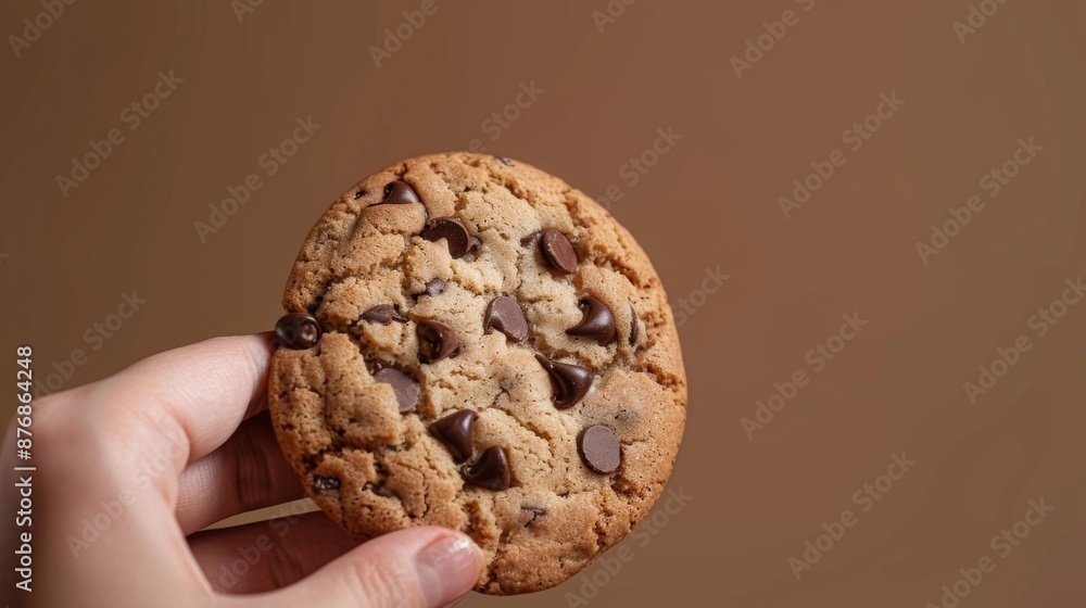 Hand holding chocolate chip cookies, isolated on brown background Hand holding chocolate chip cookies, isolated on brown background
