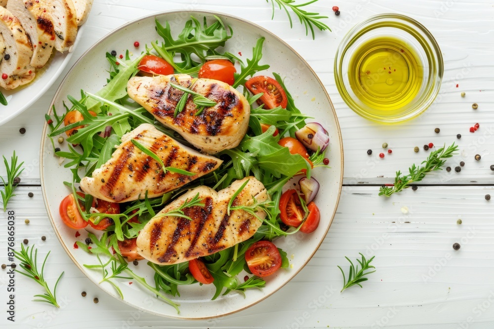 Healthy green vegetable salad with grilled chicken breast fillet on ceramic plate with olive oil on the side on white wooden kitchen table top view flat lay, diet food and clean eating concept. Healthy green vegetable salad with grilled chicken breast fillet on ceramic plate with olive oil on the side on white wooden kitchen table top view flat lay, diet food and clean eating concept.