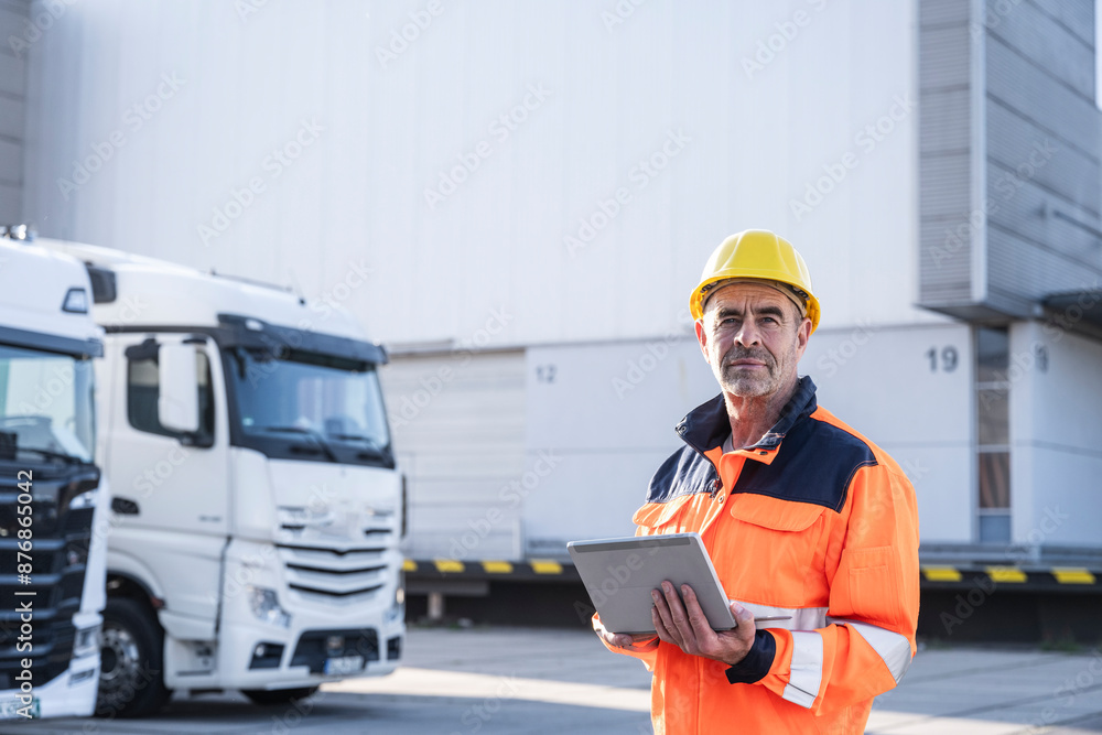 Confident mature foreperson wearing protective workwear standing with tablet PC at warehouse Confident mature foreperson wearing protective workwear standing with tablet PC at warehouse