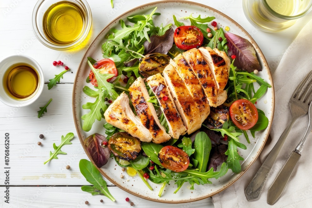 Healthy green vegetable salad with grilled chicken breast fillet on ceramic plate with olive oil on the side on white wooden kitchen table top view flat lay, diet food and clean eating concept. Healthy green vegetable salad with grilled chicken breast fillet on ceramic plate with olive oil on the side on white wooden kitchen table top view flat lay, diet food and clean eating concept.