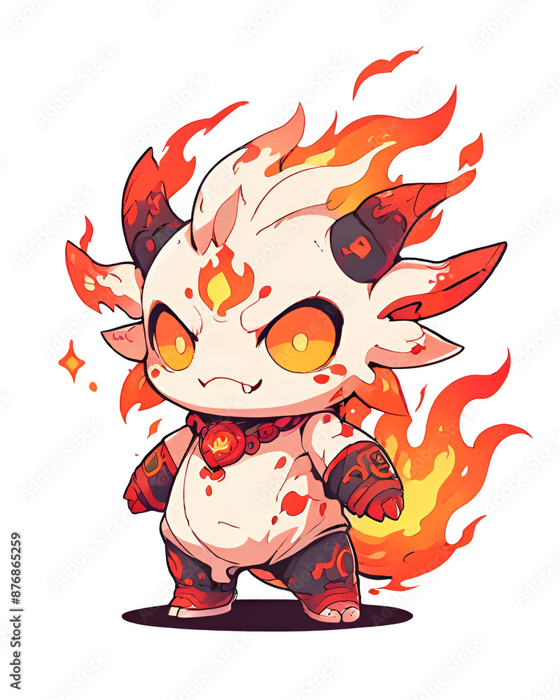 A cartoonish creature with horns and a red face stands in front of a fire A cartoonish creature with horns and a red face stands in front of a fire