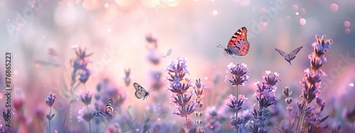 Lilac flowers with butterflies fluttering on them with greenery and soft, hazy sunlight in the background