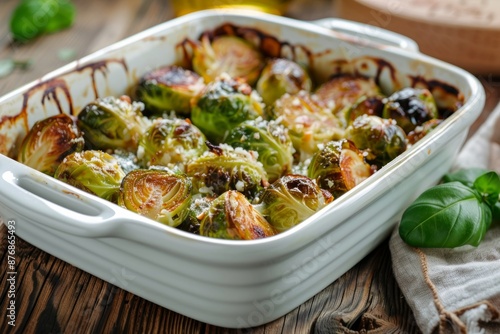 Healthy vegetarian dish roasted brussels sprouts with butter and parmesan cheese in white ceramic casserole close up on wooden table angle view, vegan food