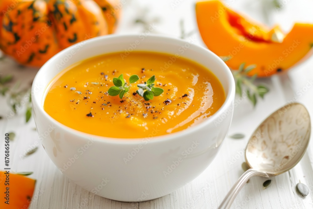 Homemade pumpkin cream soup served in white ceramic bowl on white table with spoon decorated with whole pumpkin, angle view, selective focus. Autumn cozy comfort food .