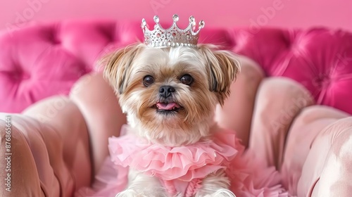 Lovely Shih Tzu in a princess costume with tiara and dress, sitting on a royal throne, elegant and fun