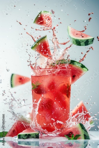 Refreshing Watermelon Cocktail with Splash on Blue Background