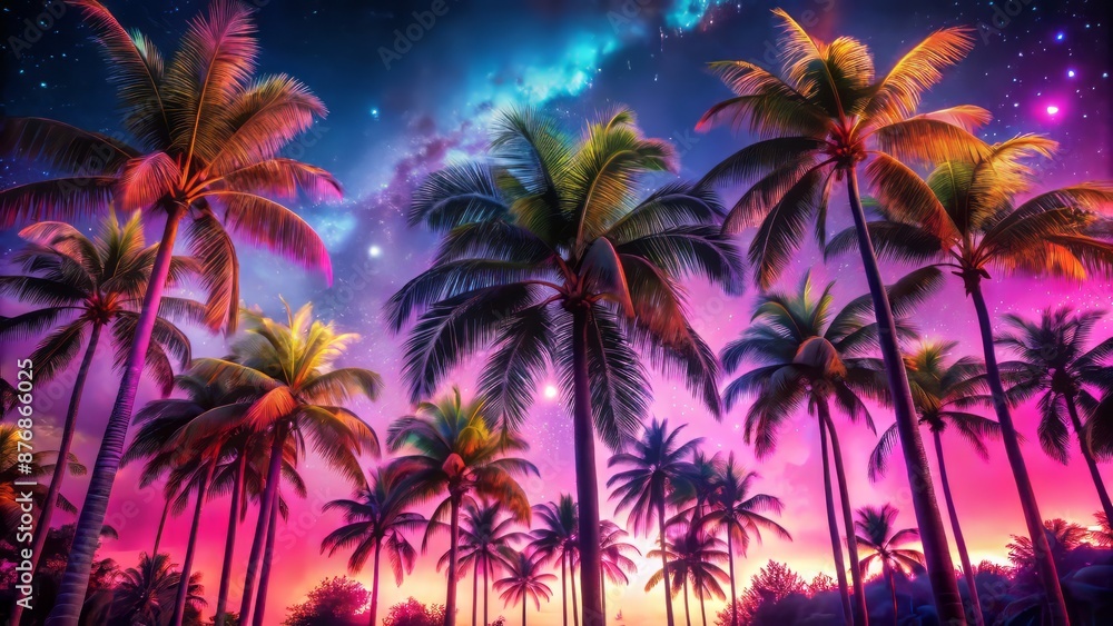 Palm Trees Against A Vibrant Setting Sun And Starry Night Sky In Shades Of Pink, Orange, Purple, And Blue. Palm Trees Against A Vibrant Setting Sun And Starry Night Sky In Shades Of Pink, Orange, Purple, And Blue.
