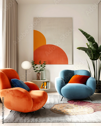 Minimalist interior design of modern living room with vibrant colorful multicolored armchairs. photo