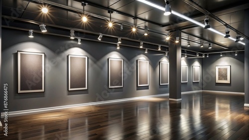 Modern Empty Art Gallery With Hardwood Floors And Blank Frames On The Wall photo