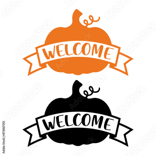 Logo con texto manuscrito Welcome en caligrafía en bandera de cinta sobre silueta de calabaza para felicitaciones y tarjetas