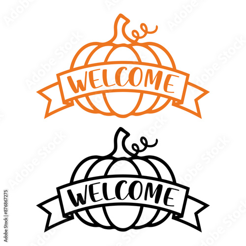 Logo con texto manuscrito Welcome en caligrafía en bandera de cinta sobre calabaza con líneas para felicitaciones y tarjetas