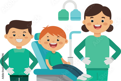 Illustration of a dentist with two happy children in a dental clinic isolated on white background