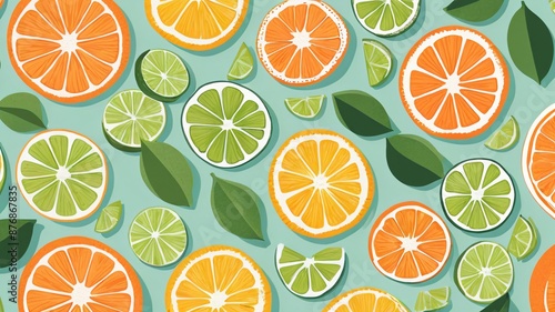 A seamless pattern with various citrus fruits like oranges, lemons, limes, and grapefruits in a fresh and juicy design