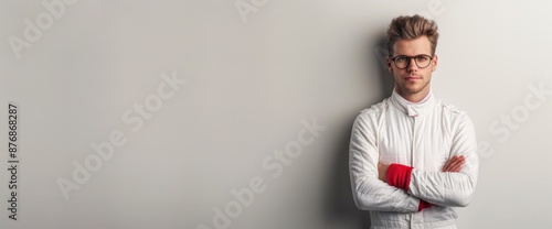 Full body shot of a Formula 1 driver looking confident, copy space on clear white background, natural lighting photo