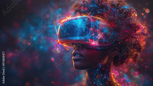 A person wearing a high-tech VR headset, immersed in a vibrant, virtual reality landscape filled with holographic elements. 