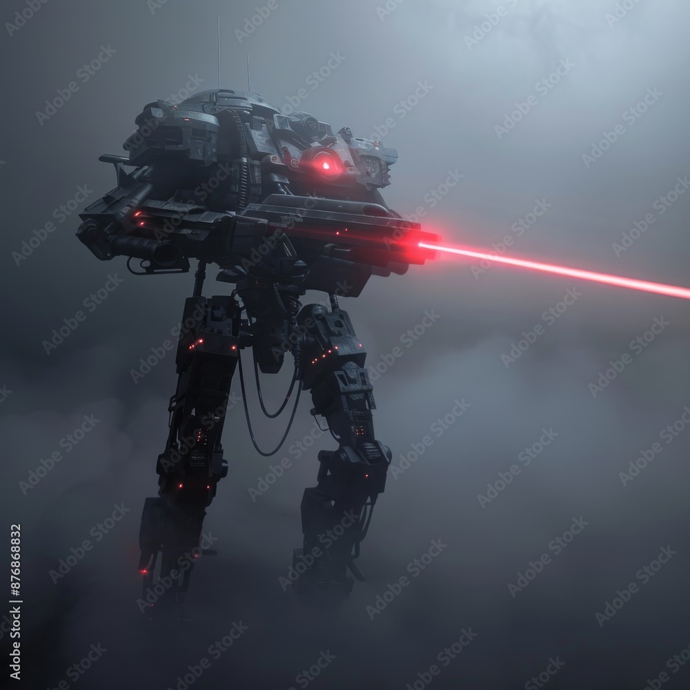 A 3D illustration depicts a sci-fi mech in a night action scene, standing in the fog in an attacking pose. The robot, equipped with two assault guns with laser sights, has tank-like metal armor. A 3D illustration depicts a sci-fi mech in a night action scene, standing in the fog in an attacking pose. The robot, equipped with two assault guns with laser sights, has tank-like metal armor.