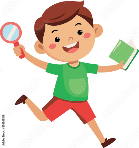 Boy running with magnifying glass and book