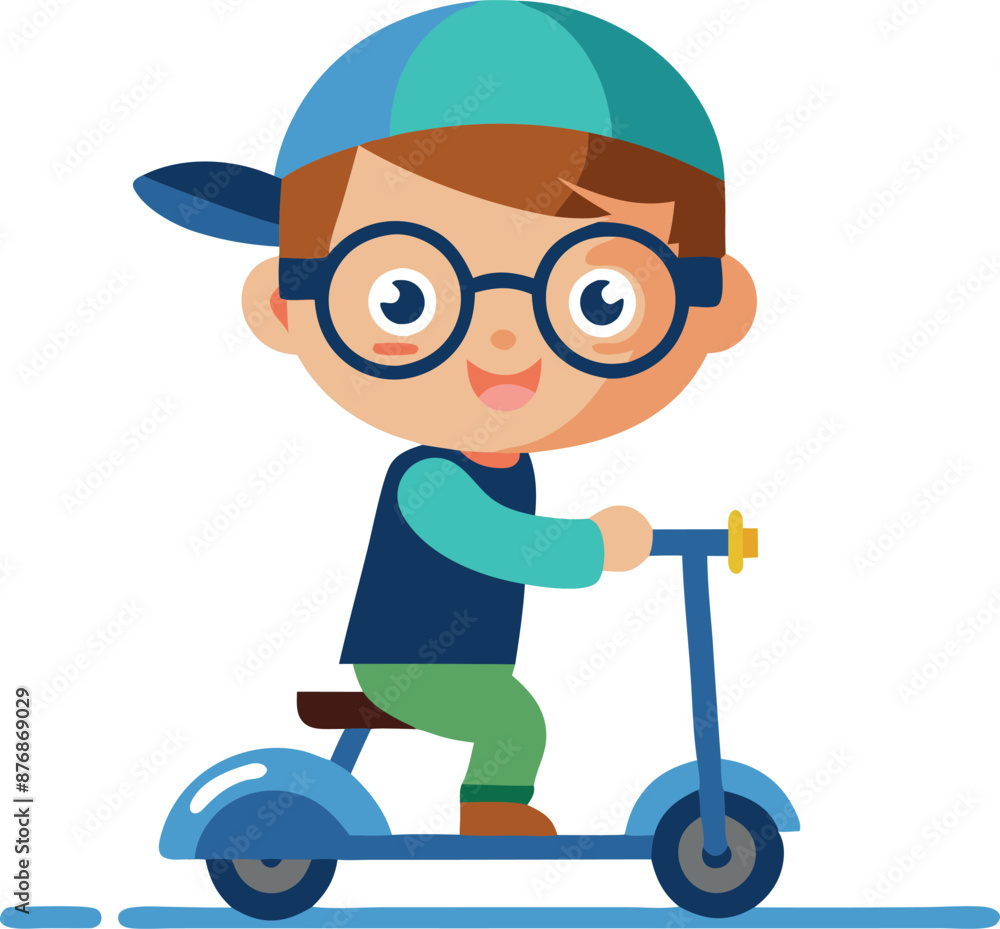 Cartoon boy on scooter with hat & glasses Cartoon boy on scooter with hat & glasses