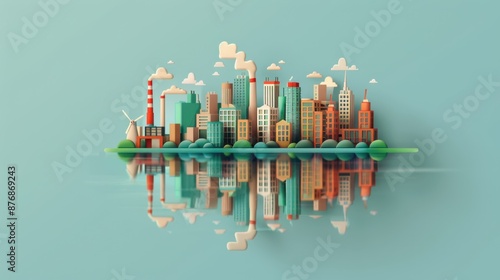 Flat design illustration of an industrial city emitting pollution contrasted with a green, sustainable city, raising environmental awareness photo