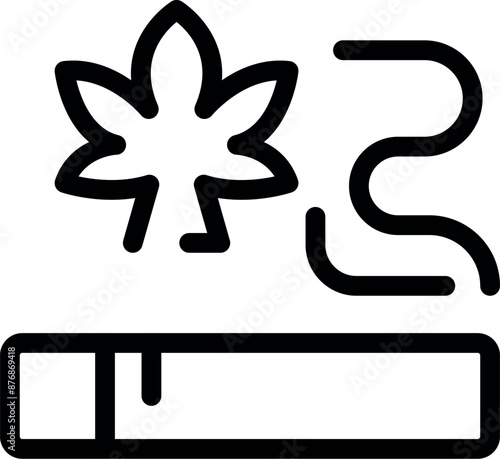 Simple line drawing of a cigarette releasing smoke, with a cannabis leaf above, representing the legalization of marijuana