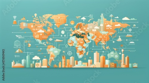 Flat design of a global economic infographic, showing the impact of various world issues on financial markets