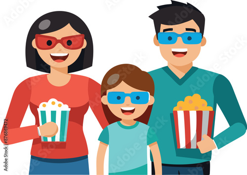 Family wearing 3d glasses and holding popcorn