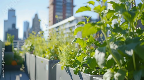 A close-up of the toori vegetable vine in a modern urban rooftop garden, with sleek metal planters, glossy green leaves, and the city skyline in the background photo