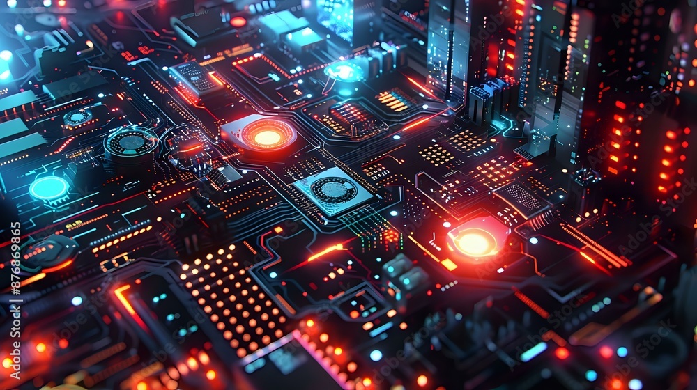 A sci-fi electronic circuit board with holographic elements, pulsating multicolored lights, and floating, transparent components, all set in a dark, futuristic environment A sci-fi electronic circuit board with holographic elements, pulsating multicolored lights, and floating, transparent components, all set in a dark, futuristic environment